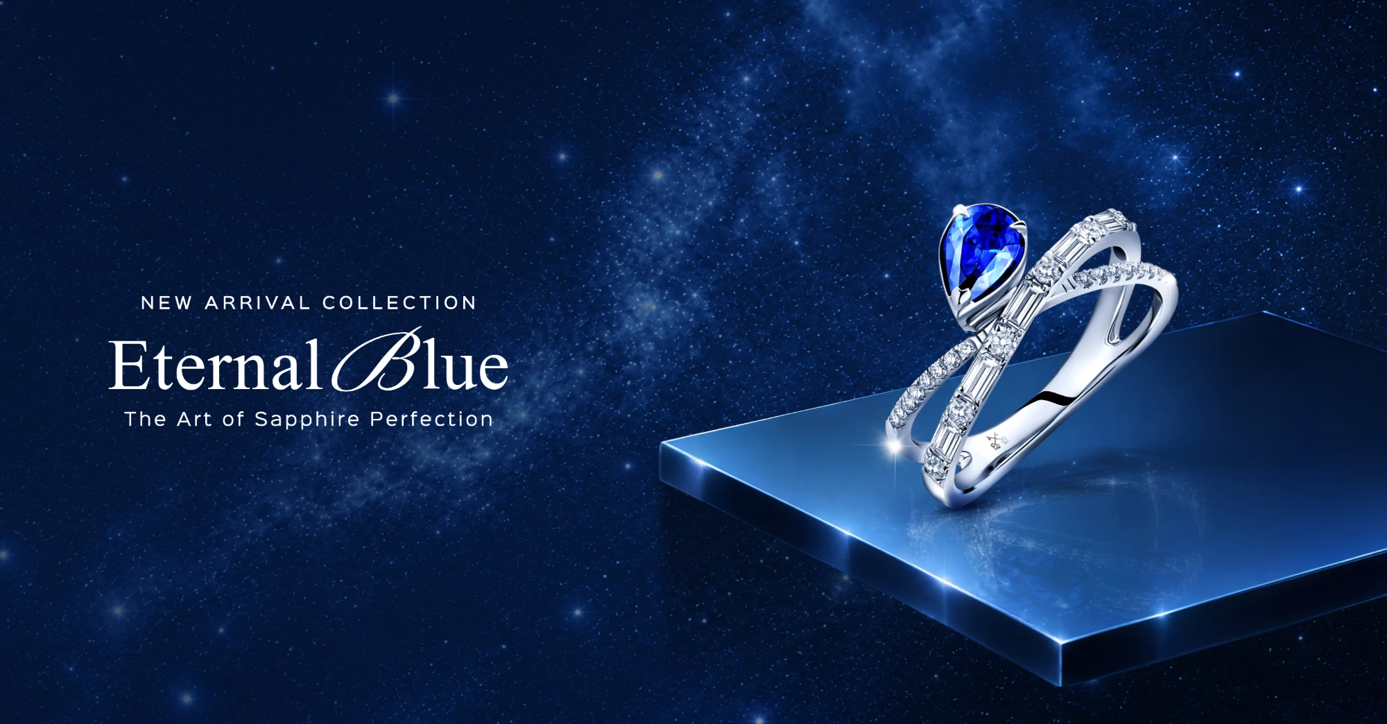 Adelle Eternal Blue sapphire and diamond ring against a blue starry background. Animated highlights appear on the jewellery.